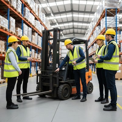 Factory scene, supervisor demonstrating apre use inspection check on a forklift truck