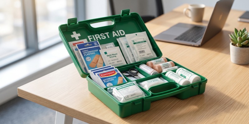 A well-stocked open first aid kit in a workplace