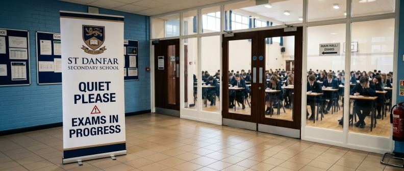 Students taking exams in a school hall