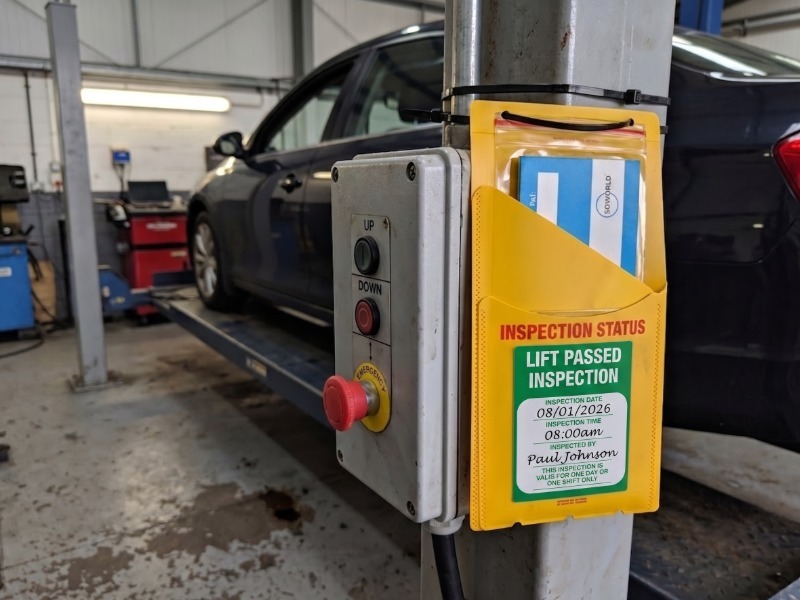 SG World visual vehicle lift inspection paddle attached to a two-post lift