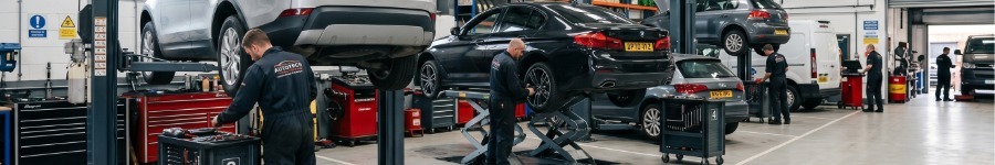 A busy workshop floor with mechanics working on vehicles raised by various fixed lifts